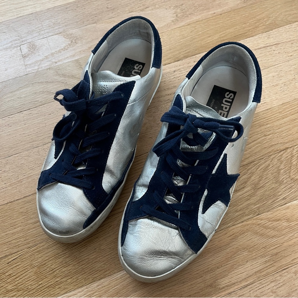 Golden Goose Silver Leather Sneakers with Navy Star and Laces
